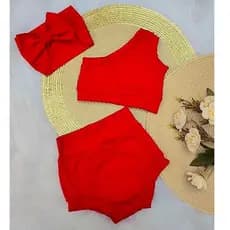 CONJ. INFANTIL BEBÊ - 3 PEÇAS: TAPA FRALDA+BLUSA+TIARA. Short Bebê - Canelada c/ elastano.