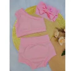 CONJUNTO INFANTIL BEBÊ - 3 PEÇAS: TAPA FRALDA+BLUSA+TIARA. Shortinho Curto - Canelado c/ elastano.