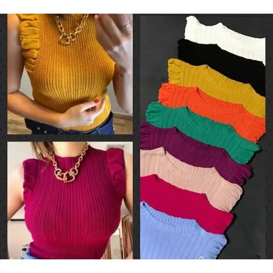 Blusa tricô garrafinha babados modelo feminino com detalhes nas mangas