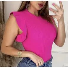 Blusa tricô manga babados, blusinha feminina tricot modal com babado manga curta