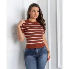 Blusa feminina manga curta tricô modal premium listras gola redonda moda parisiense chic tendência blogueira