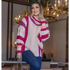Blusa poncho de inverno modelo feminino gola alta colorido listras manga balão