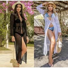 Saída de praia longa com manga comprida, saída de banho, kimono, roupa de praia em tricô, hobe manga comprida de linha, saída de praia longa neon