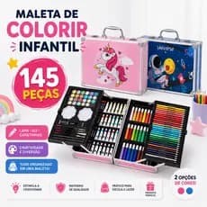 Maleta De Colorir Infantil Escolar 145 Peças Mala Estojo Lapis Giz Canetinha colorida Desenhar