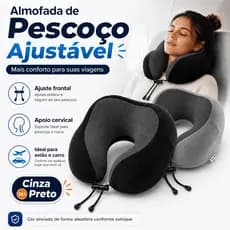 Almofada de Pescoço Travesseiro Cervical Viagem Avião Carro Ajustável Cinza Preto