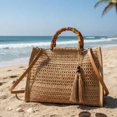 Bolsa Palha Praia Feminina Trançada Alça Bambu Transversal