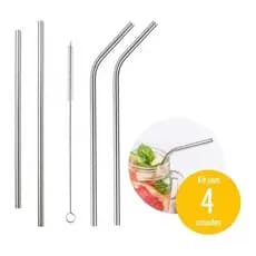 Kit 4 Canudos Inox Reutilizável Ecológico Com Escova Limpeza ( 2 CURVADOS e 2 RETOS )