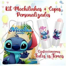 Kit Mochilinhas Sacolinhas + Copo Long drink Personalizados - todos os temas