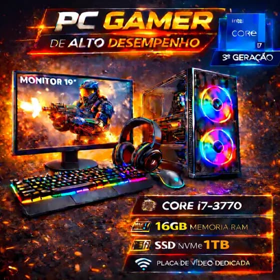 PC Gamer Completo i7 3Gen - 16GB RAM - SSD Nvme 1TB - Placa de Vídeo 4GB - Monitor 19"