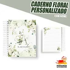 Caderno Floral Personalizado / Rosas Brancas A5  - Feminino - Com Letra e Nome - Envie o Nome no Chat