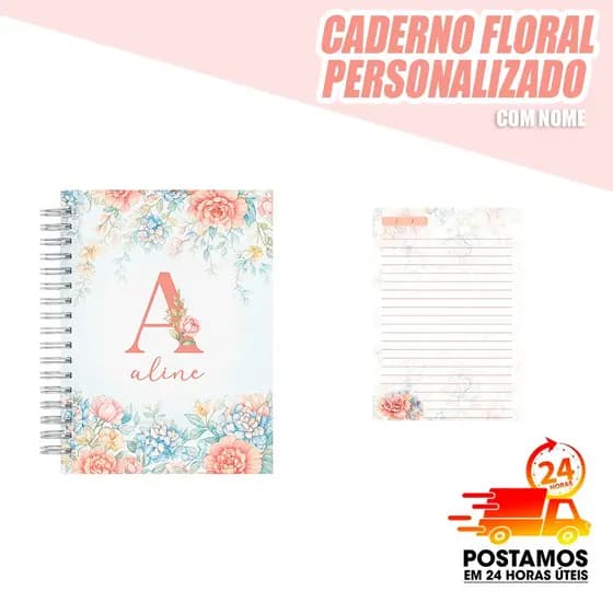 Caderno Floral Personalizado A5 / Laranja e Azul / Letra e Nome / Capa Dura / Envie o nome no chat