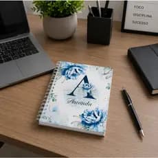 Caderno Floral A5 Personalizado / Azul /Letra e Nome / Capa Dura / Envie o nome no chat