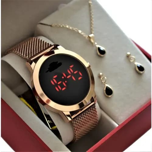 Relogio Feminino Digital Rose Magnetica C/ Brinco e caixa 8788