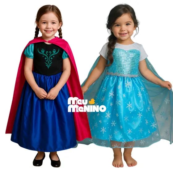 Fantasia Infantil Anna e Elsa Frozen Menina Vestido Com Capa Vestido Fantasia Carnaval Presente Criança