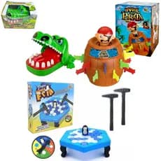 Kit 3 Brinquedos Pula Pirata Pinguim Quebra Gelo Crocodilo Jacaré Morde Dedo