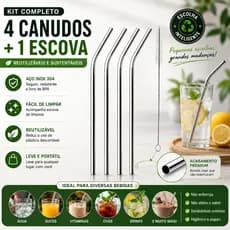 Combo 04 Canudos Inox Curvos com Escova Ecológico Reutilizáveis Laváveis