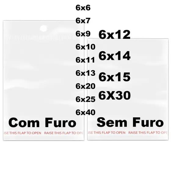 kit 100 Saco Adesivado MAIOR Saquinho Transparente Plástico furo 6x6 6x7 6x9 6x10 6x11 6x13 6x20 6x25 6x40 6x30 6X12 6X14 6X15