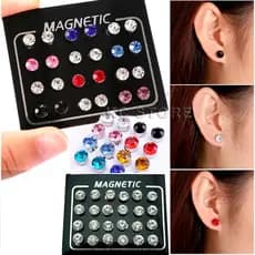 Cartela Kit 12 Pares Brinco de imã Pressão Magnético prata colorido Azul Prata rosa strass Falso Não precisa de furo