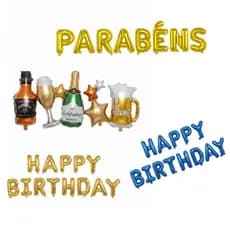 Faixa Balão Metalizado frases Parabéns, Happy Birthday  ou  faixa  bebida