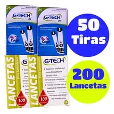 50 Fitas Tiras Reagente + 200 Lancetas Gtech Glicose Diabete