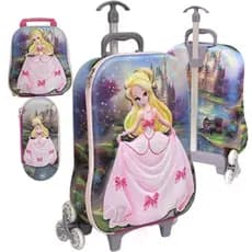 Kit Mochila Infantil 3 Rodinhas Menina Volta Aulas 3D Rígida Estojo e Lancheira