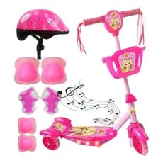 Patinete Led 3 Rodas Kit Proteçao Menina Rosa Infantil Som