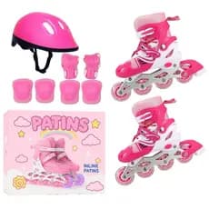 Patins Infantil Menina Rosa Capacete Joelheira Luva Led Criança Segurança 34 ao 38