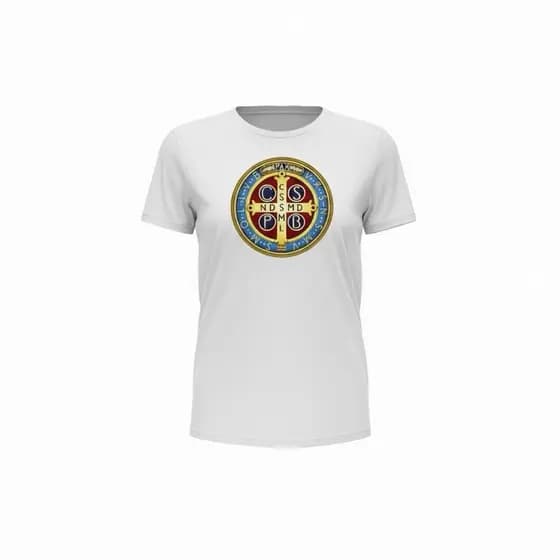 Camiseta Branca Santo Medalha de São Bento Feminino Masculino Algodão  -Fé ,estilo E Proteção