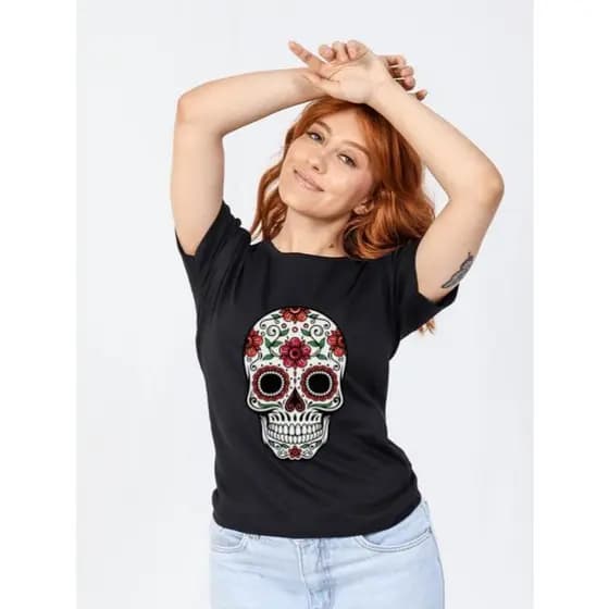 Blusa Camiseta Feminina Preta 100% Algodão Caveira Mexicana Estilo Boho e Alternativo
