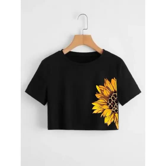 Blusa Blusinha Camiseta Curta Cropped Femino Preto Girassol Amarelo
