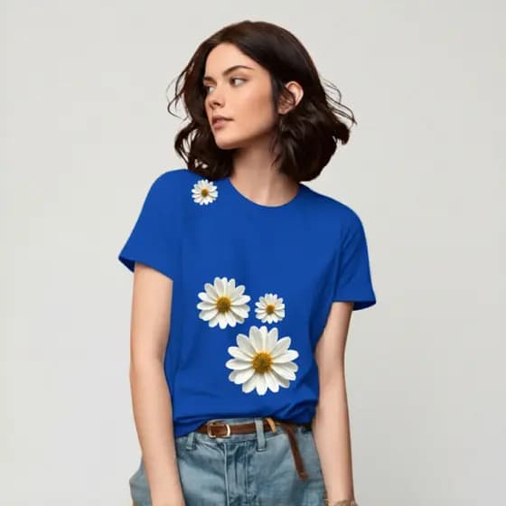 Camiseta Feminina Azul Básica Algodão Premium Estampa Flor Margaridas Casual Manga Curta Moda Verão
