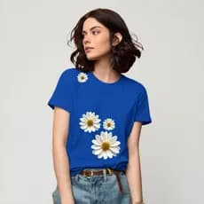 Camiseta Feminina Azul Básica Algodão Premium Estampa Flor Margaridas Casual Manga Curta Moda Verão
