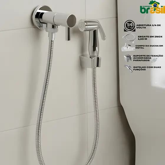 Ducha Higienica Metal Cromada 1/4 De Volta Gatilho Inox 1,20m Kit Completo Suporte Parafuso