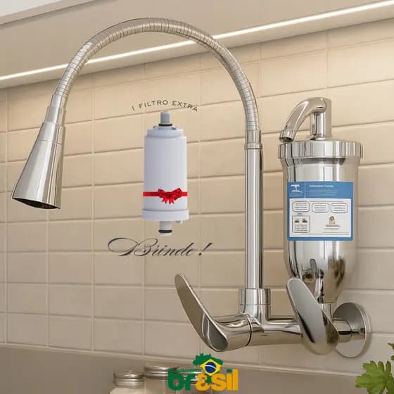 Torneira filtro purificador de agua cromada inox cozinha parede cromado Jato duplo + 1 vela extra