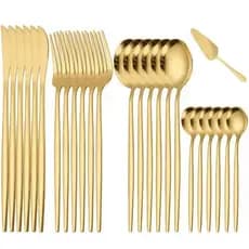 Jogo De Talheres + Espátula para bolo - Faqueiro Mesa 24 Peças Garfo Faca Colher Aço Inox Positano Dourado Luxo