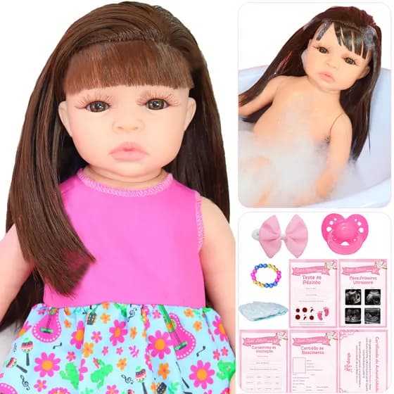 Boneca Bebê Reborn Princesa Menina Realista Pode Dar Banho Silicone Com Vestidinho Vários Acessórios