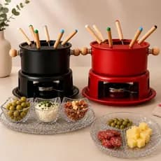 Kit Jogo Panela Conjunto Fondue 6 Peças Queimador Para Queijo e Chocolate Petisqueira Jogo