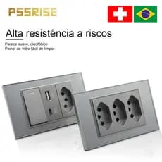 Conjunto De Tomada De Interruptor De Parede De Vidro Temperado PSSRISE 15A Em Cinza Para Brasil Com Portas USB G18