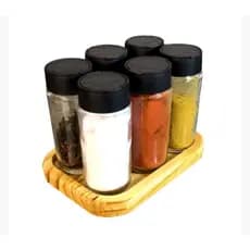 Kit Porta Temperos 6 Potes de Vidro Com Bandeja