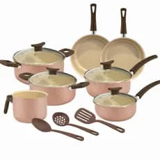 Jogo de Panelas 10 Peças Antiaderente Alumínio Teflon com Utensílios - Rose/Gold
