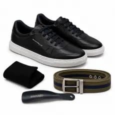 Combo Sapatênis Rarafillo Masculino Casual de Couro Kit Com Meia Calçadeira e Tenis Confortável Tênis Masculino