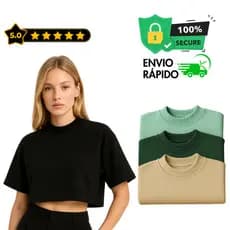 Camiseta Feminina Oversized Cropped Básica De Malhão Suedine Premium Gola Ribana