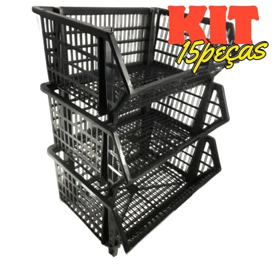 Kit 15 Cesto Expositor Organizador encaixavel Grande 58cm Cesta empilhavel gôndola plastica