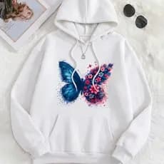 Moletom Feminino Blusa de Frio Canguru com Capuz Estampado Borboleta Flores Inverno Casual
