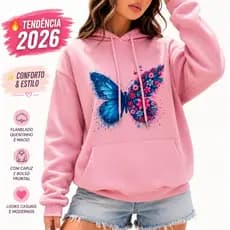 Moletom Feminino Com Capuz Flanelado Estampa Borboleta Floral Casual Inverno Quentinho