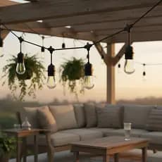 Kit Varal de Luzes 15m IP65 + 15 Lâmpadas Filamento S14 LED Âmbar 2200K 110v/220v  Completo para Festa - Área Externa