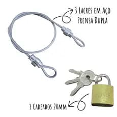 Kit Travel 3 Lacre em Aço 35cm Prensa Dupla + 3 Cadeado 20mm - Mala Bagagens Bike Capacete