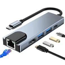 Hub Adaptador Dockstation 5 Em 1 USB Tipo C Multiporta RJ45 HDMI Lan Ethernet Compatível com MacBook