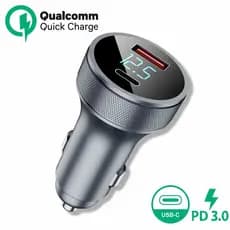 Carregador Veicular Turbo PD 54W Usb + Usb-C Carregamento Rápido Display LED de Voltagem Android IOS