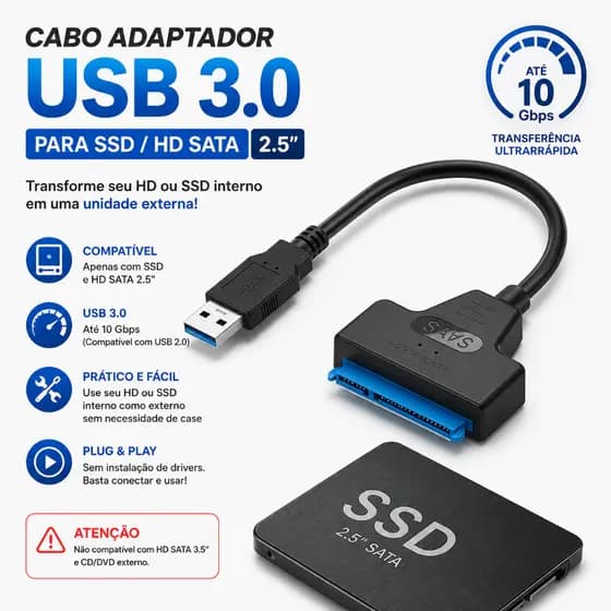 Cabo Adaptador SATA para USB 3.0 Leitor de SSD e HD 2.5 Pol Conversor Alta Velocidade para PC Notebook HD Externo PC